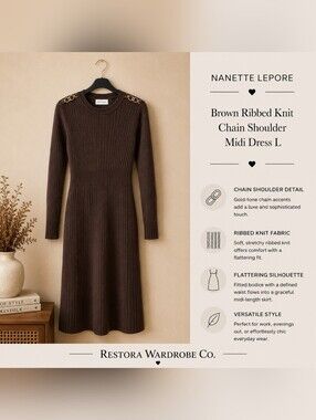 Nanette Lepore Brown Ribbed Knit Chain Shoulder Midi Dress L